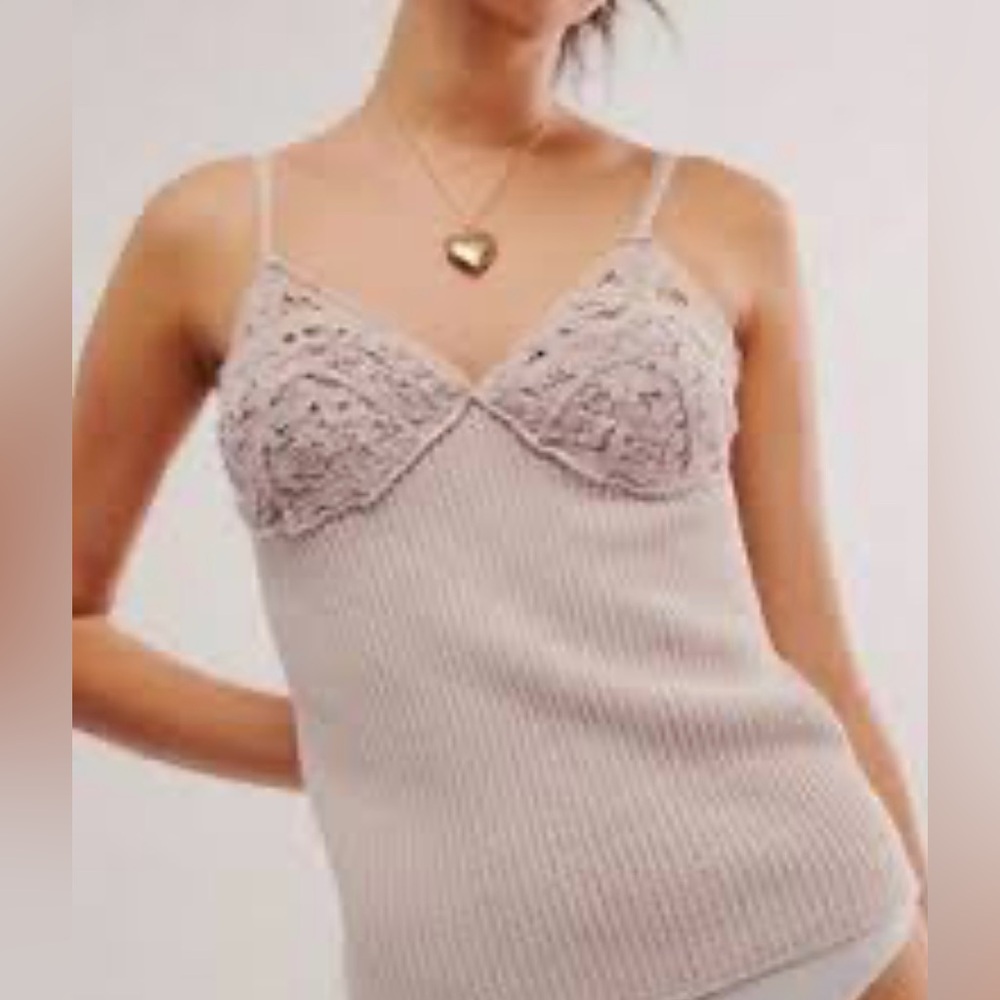 Free People Lace Trim waffle Tank Top in muted lavender size medium